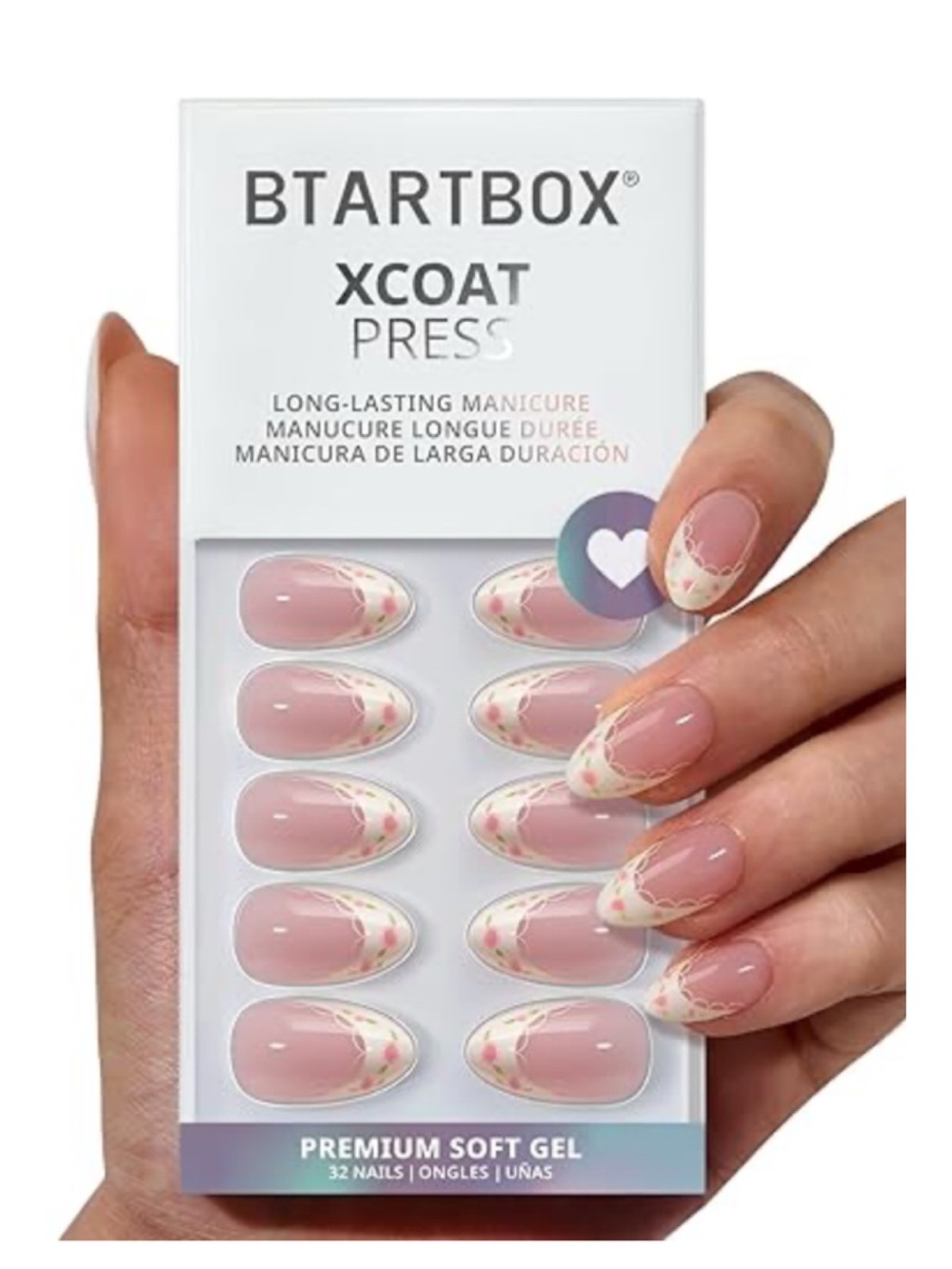 BTArtbox Press On Nails, Short Almond Pink French Tip Nails, 32Pcs Full Kit